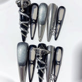 Black Silver Mechanical Chrome Gothic Statement Press On Nails