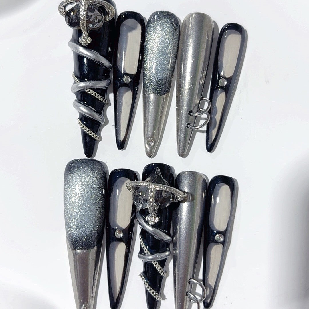 Black Silver Mechanical Chrome Gothic Statement Press On Nails