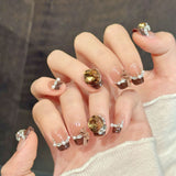 Brown Gem Pearl Bow Luxury Short Nail Design