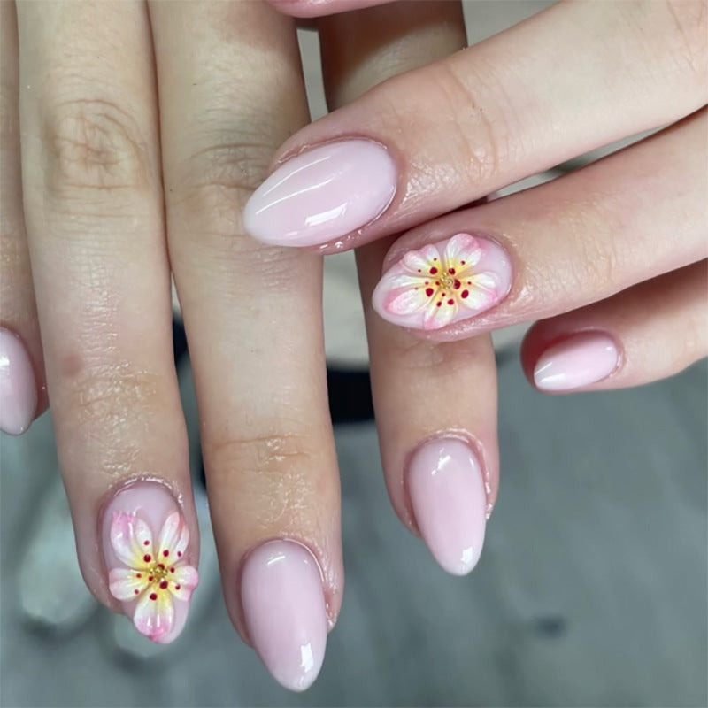 Short almond 3D three-dimensional fresh flower press-on nails