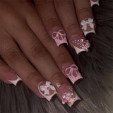 Unhas postiças francesas de pressão com bordas brancas e rosas, laço tridimensional, unhas curtas quadradas para manicure, atacado ｜365nails