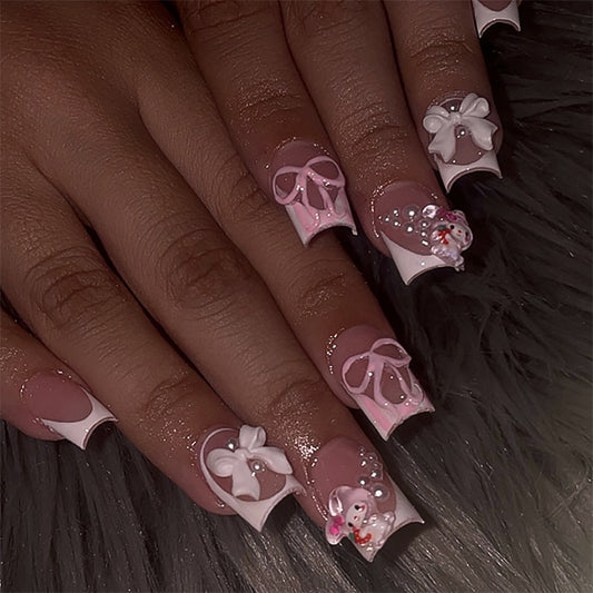Sweet pink French white edge wearing nail three-dimensional bow fake nail short square manicure nail piece wholesale｜365nails