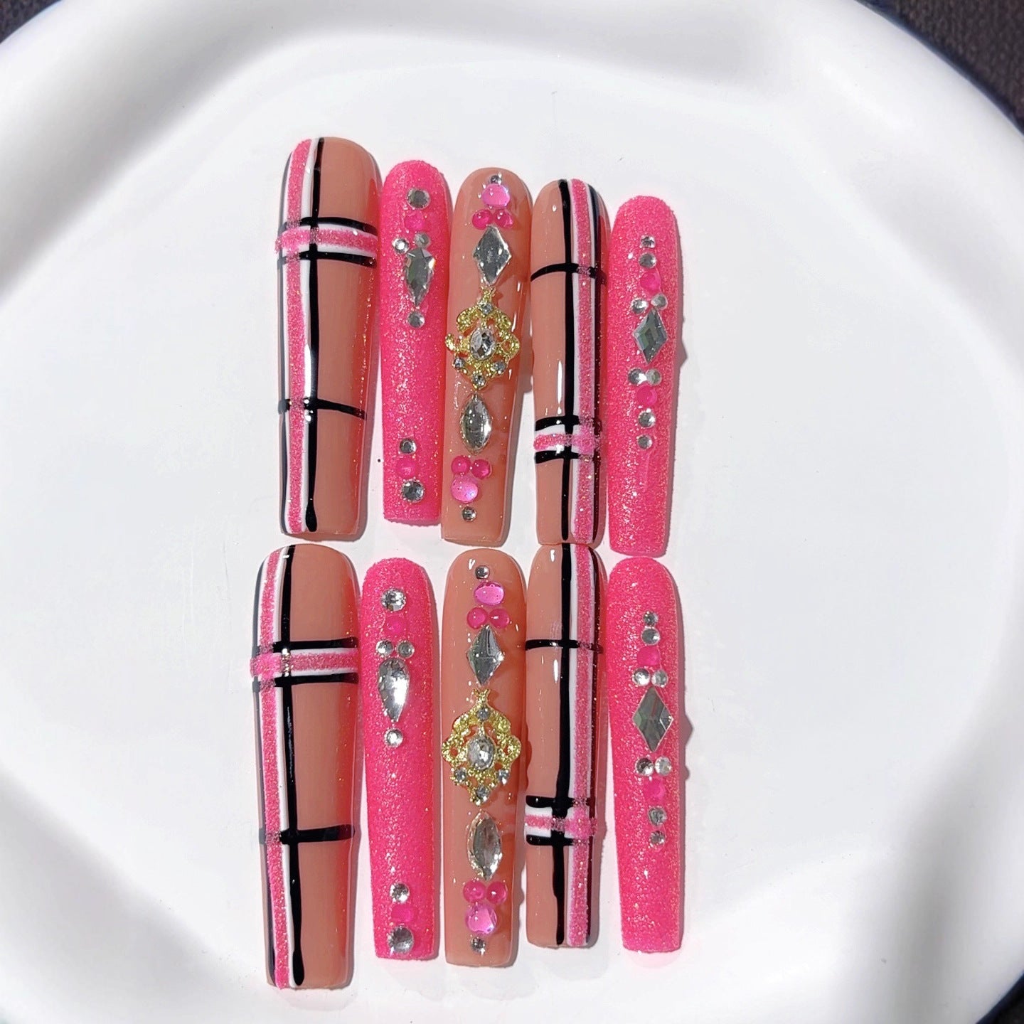 Pink Nude Crystal Stripe Glam Press On Nails