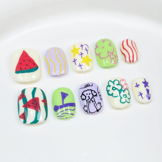 Cute Short Nail Art Voyage Master Shougua Puppy Cartoon Children's Fun Hand-painted Graffiti Nail Patch｜365nails