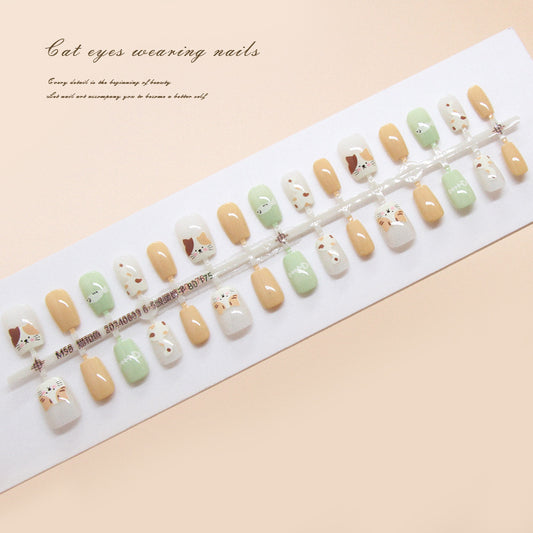 Nail Tips  prefabricated nail, press on nails, cute cat fish removable nail piece cartoon solid color short T nail patch ｜365nails