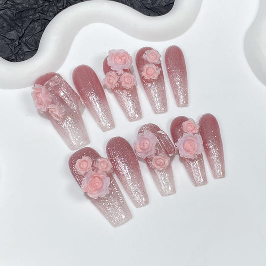Handmade press-on nails cat eye simulation engraving sweet flash long  stack drill｜365nails
