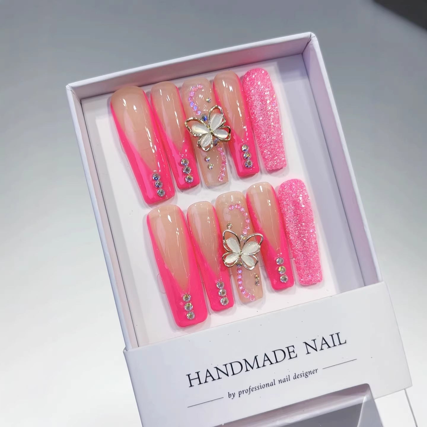 Barbie Glow: "Butterfly Blush" – Extra Long Square Press-On Nails