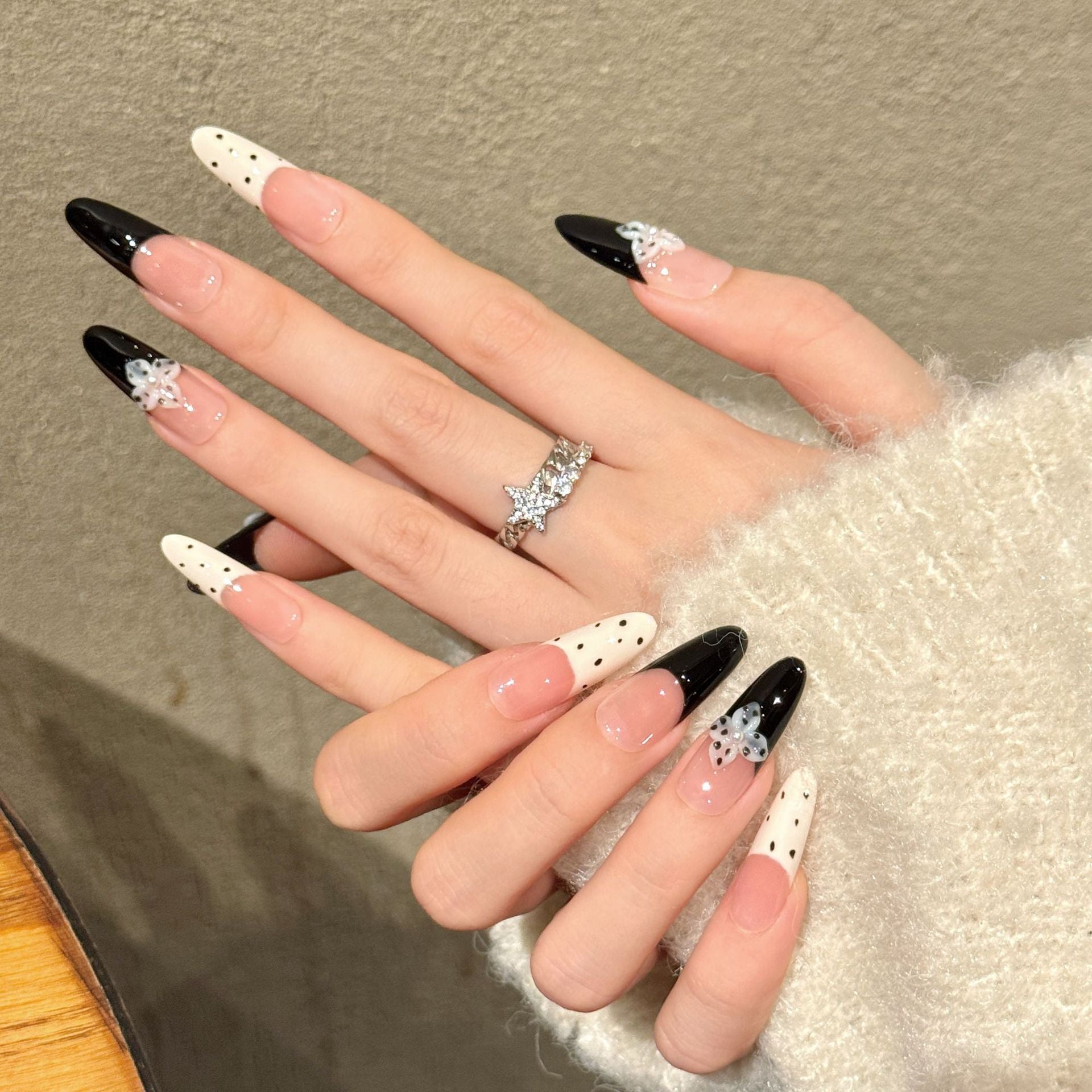 365nails: "Midnight Bloom" – 3D Floral French Tip Handmade Medium Almond Nails