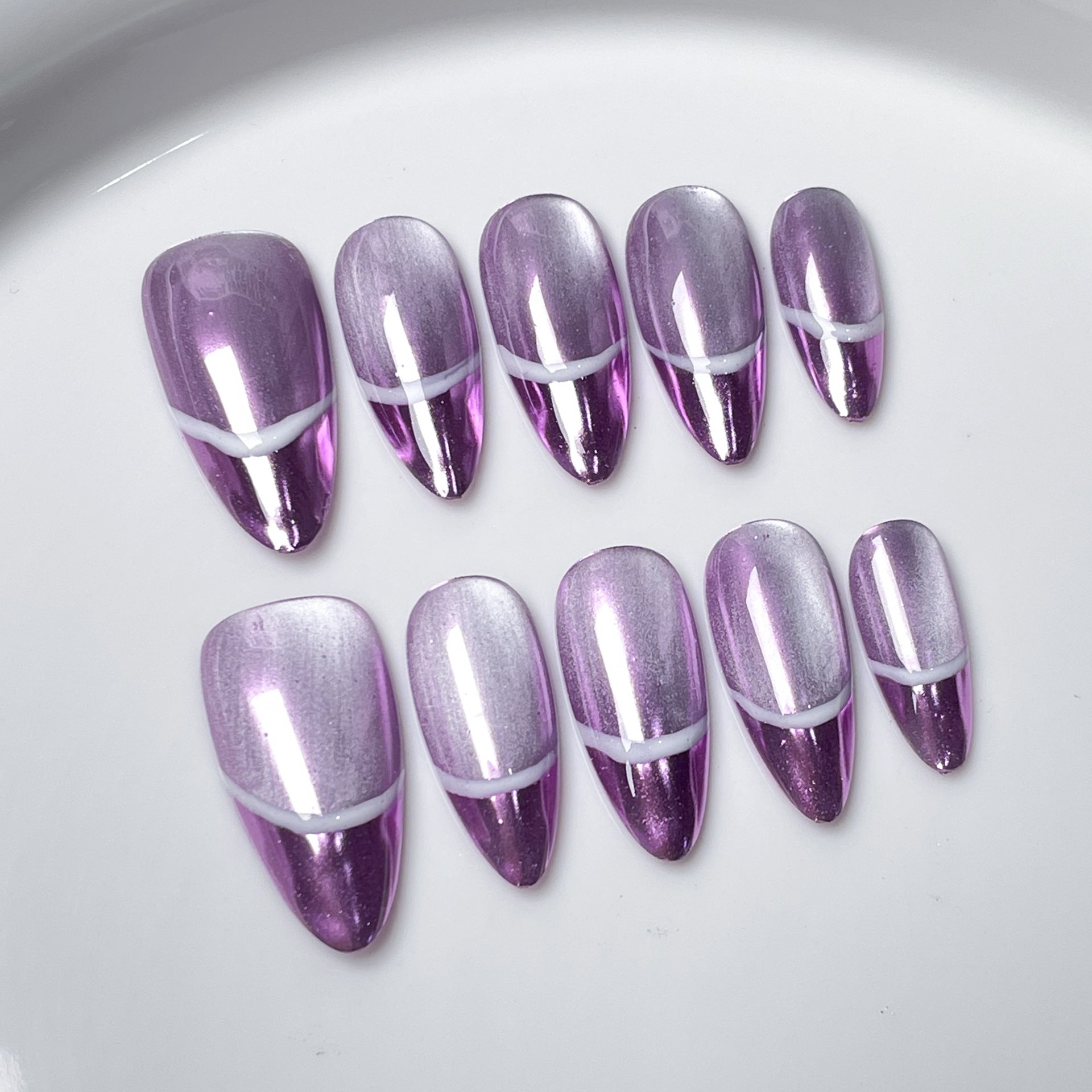 手工製穿戴甲｜法式貓眼 極光爆裂 杏仁形甲片｜365nails