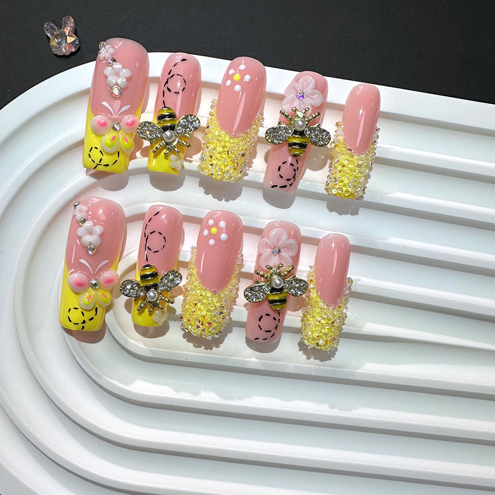 Honey Bee Floral Sweet Crystal Press On Nails