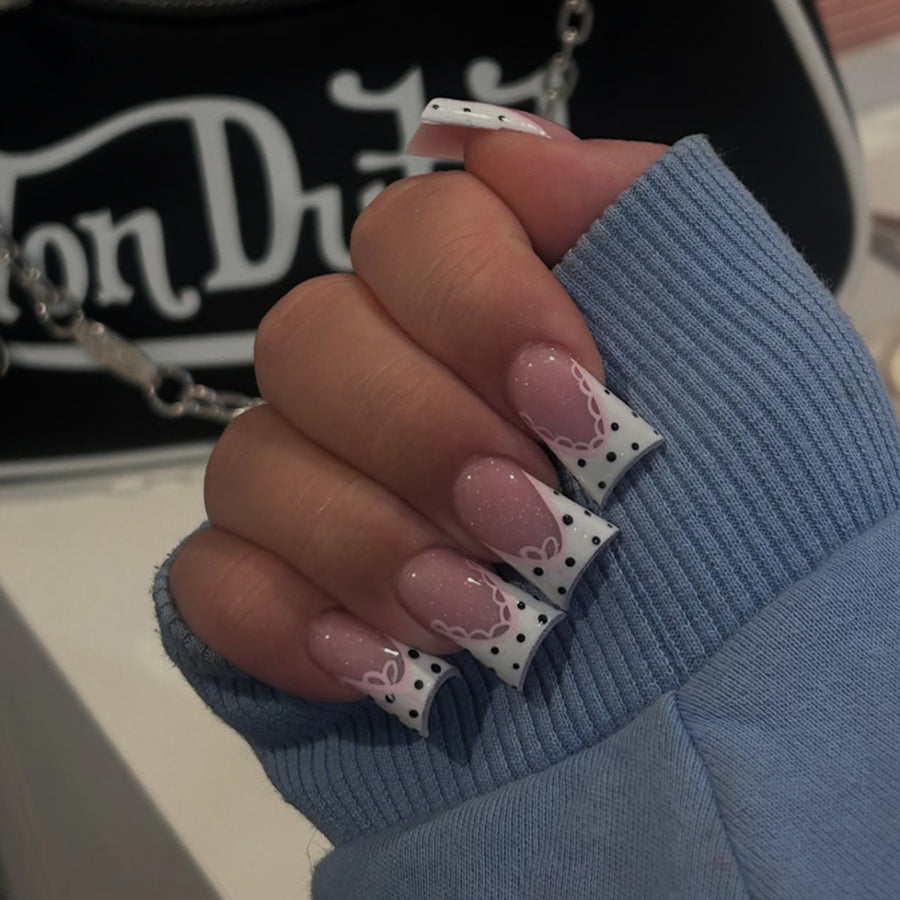 "Vintage Polka Sweetheart" – Glitter Pink Base & White Polka Dot Lace French Square Press-On Nails (24 Pcs)