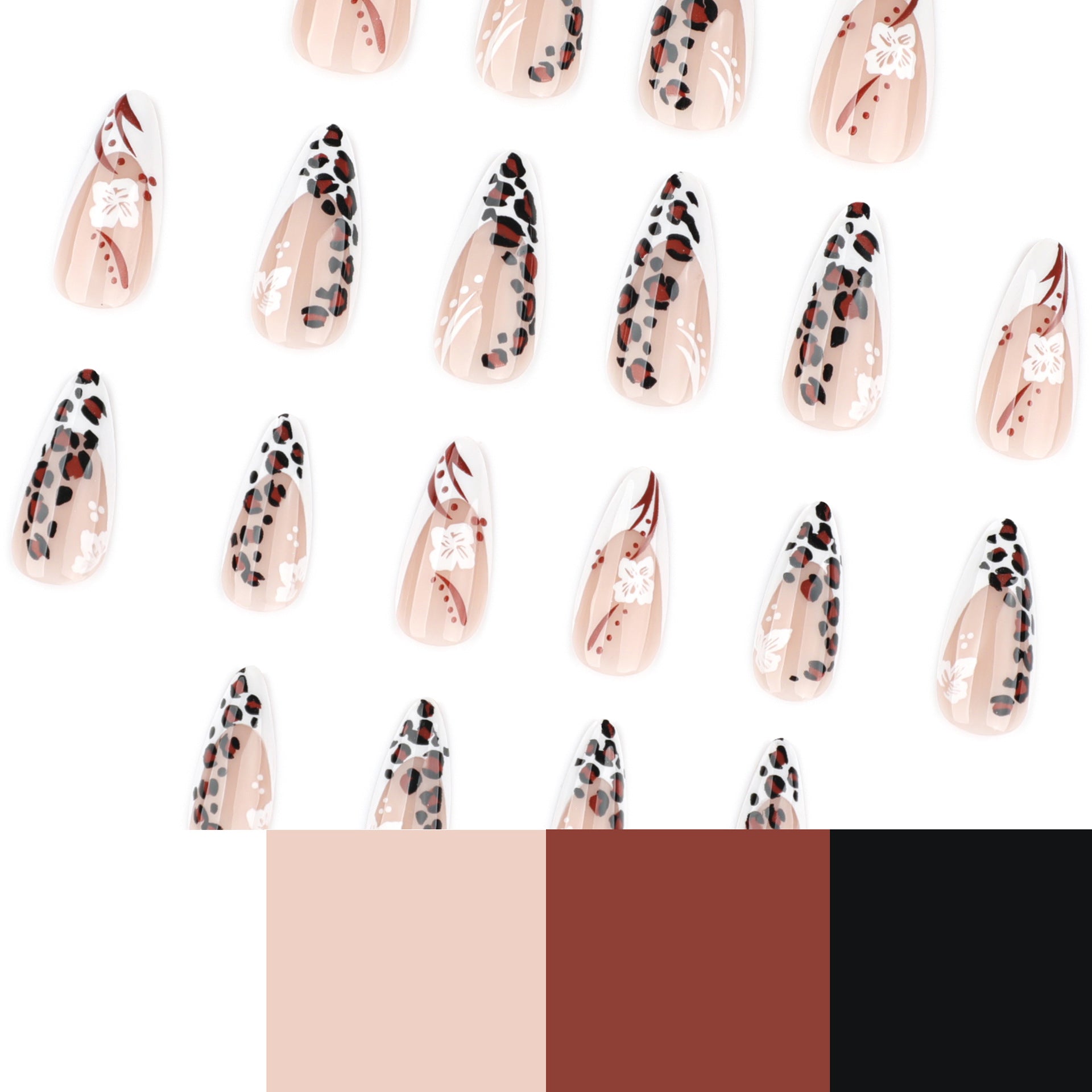 Leopard print short almond French white flower press-on nails