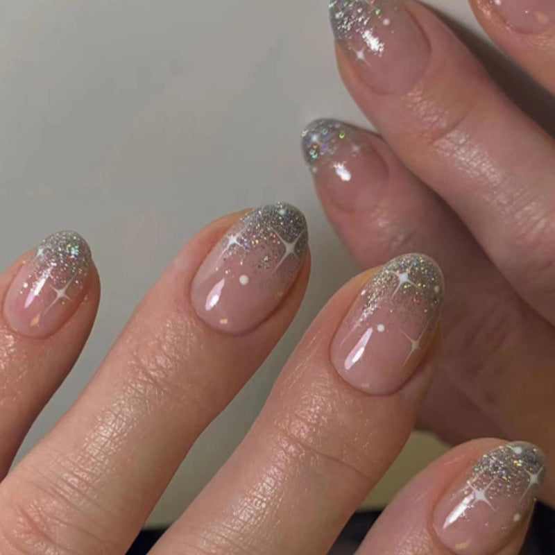 Adesivo francês prateado com glitter, doce e descolado, branco estrelado, unha curta ｜365nails