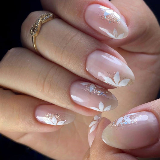 Simple Pink   Wind Flower Glitter Film Short Press-on Nails ｜365nails
