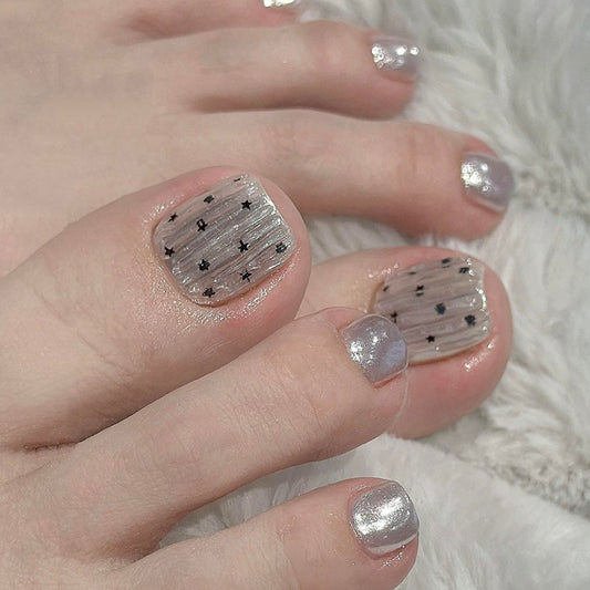 Listras tridimensionais cinza perolado romântico estrelas branco ins vento unhas dos pés removíveis 24 peças ｜ 365 unhas