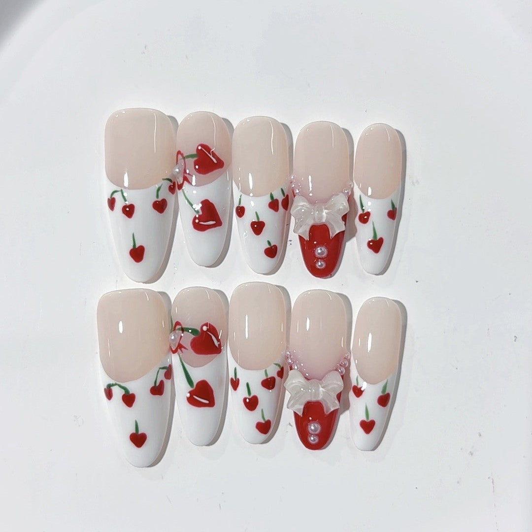 365nails-Cherry Sweet: "Cherry Bow" – Square Handmade 3D Carved Press-On Nails