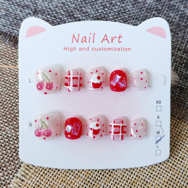 365nails: "jelly cherry picnic" – short round handmade kids press-on nails