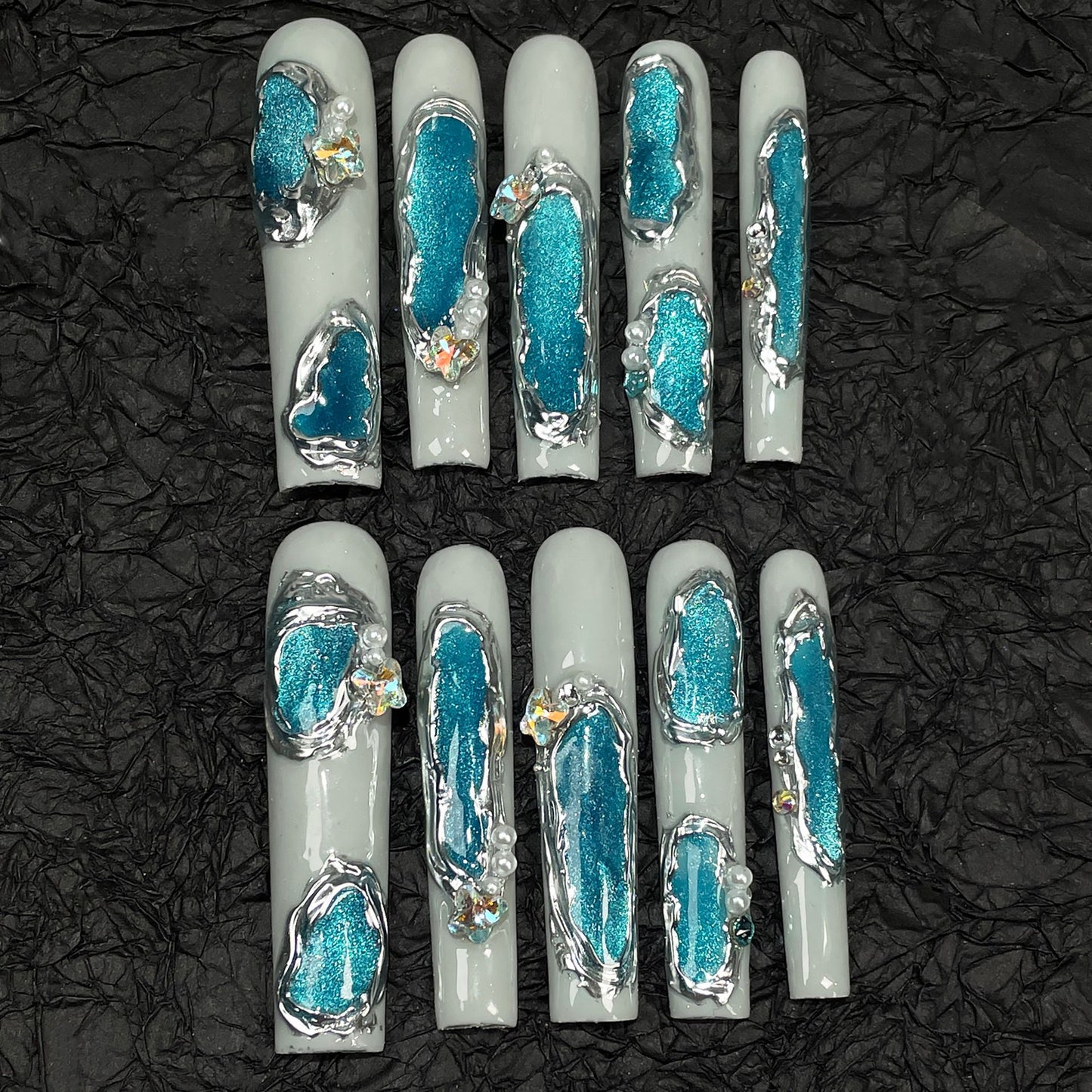 Super long water pipe manicure irregular shape blue cat eye handmade press-on nails advanced light luxury manicure patch｜365nails