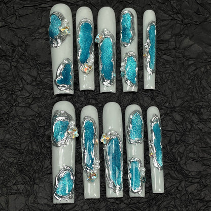 Super long water pipe manicure irregular shape blue cat eye handmade press-on nails advanced light luxury manicure patch｜365nails