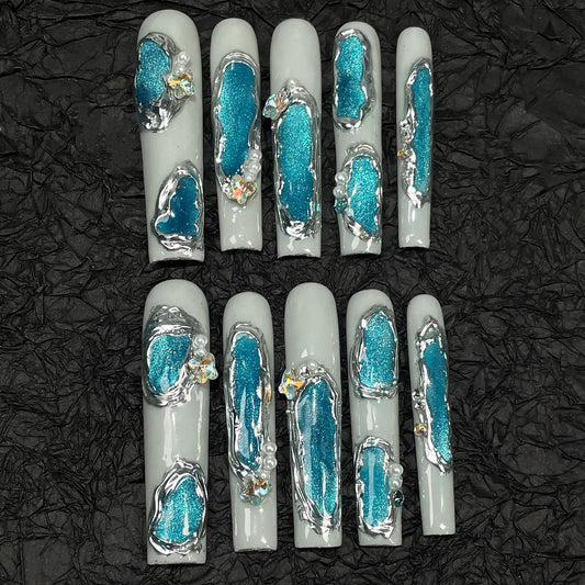 Super long water pipe manicure irregular shape blue cat eye handmade press-on nails advanced light luxury manicure patch｜365nails