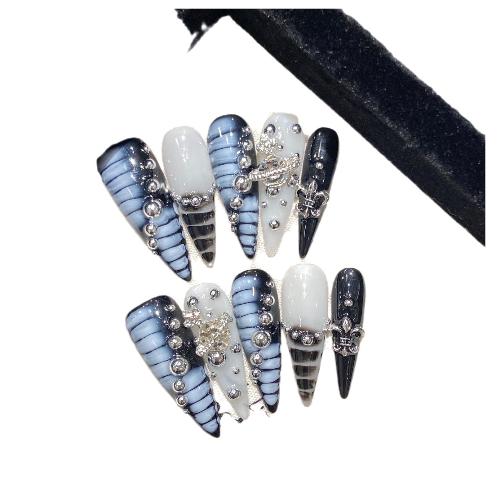 Aurora Blue Dream Smudges Padrão de Crocodilo Saturno unhas postiças artesanais | 365nails