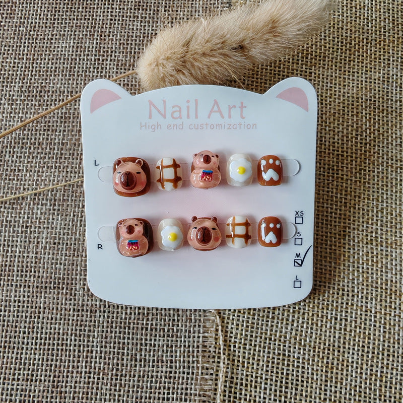 365nails: "caramel capybara breakfast" – short squoval handmade kids press-on nails
