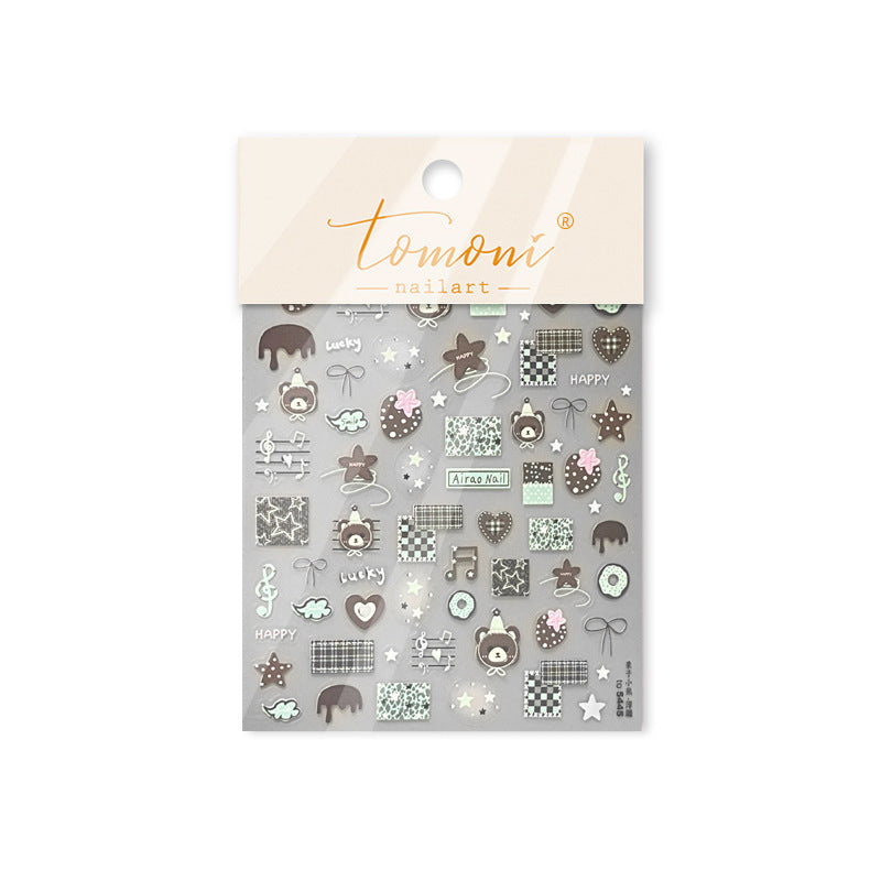 Cute Brown Bear Collection: "Checkered Bear" – 3D Embossed Nail Sticker