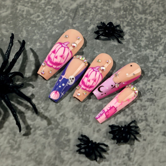 Wear nail pads Halloween nail art pink purple pumpkin love black star moon white ghost rhinestone nails｜365nails
