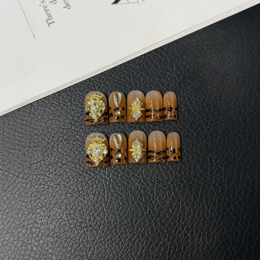 365nails: "Golden Hour" – 3D Rhinestone & Tiger Stripe Handmade Coffin Nails
