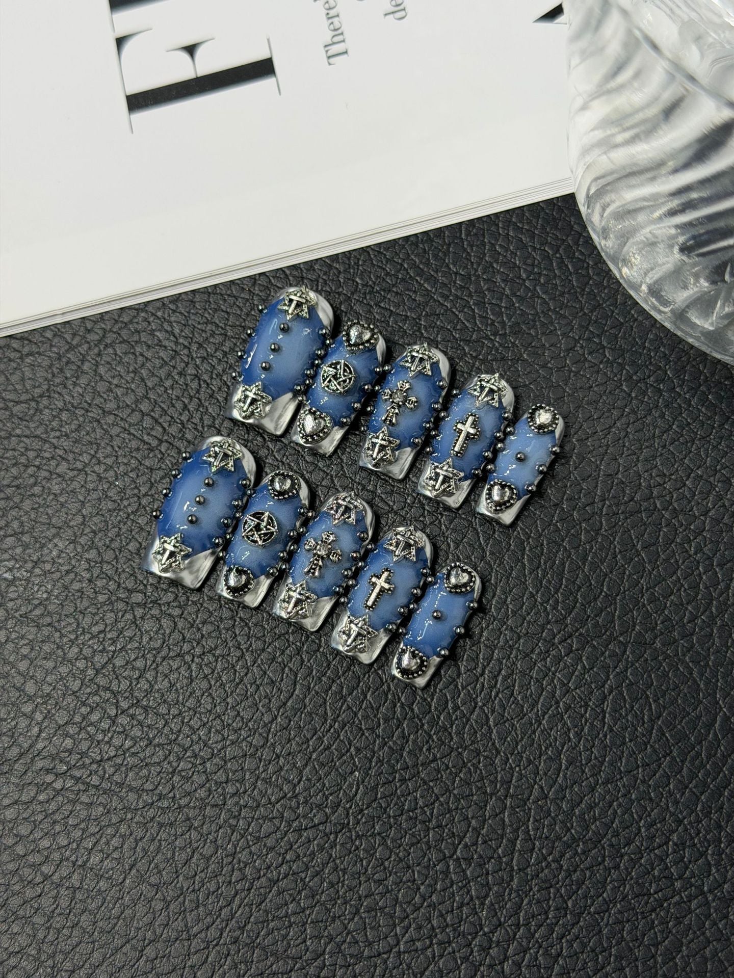 365nails: "Blue Rebel" – 3D Cross & Crystal Handmade Coffin Nails
