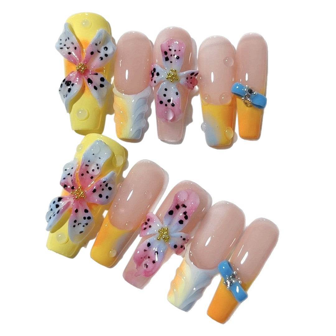 Tropical Bloom: "Stargazer Lily Splash" – Long Almond Press-On Nails