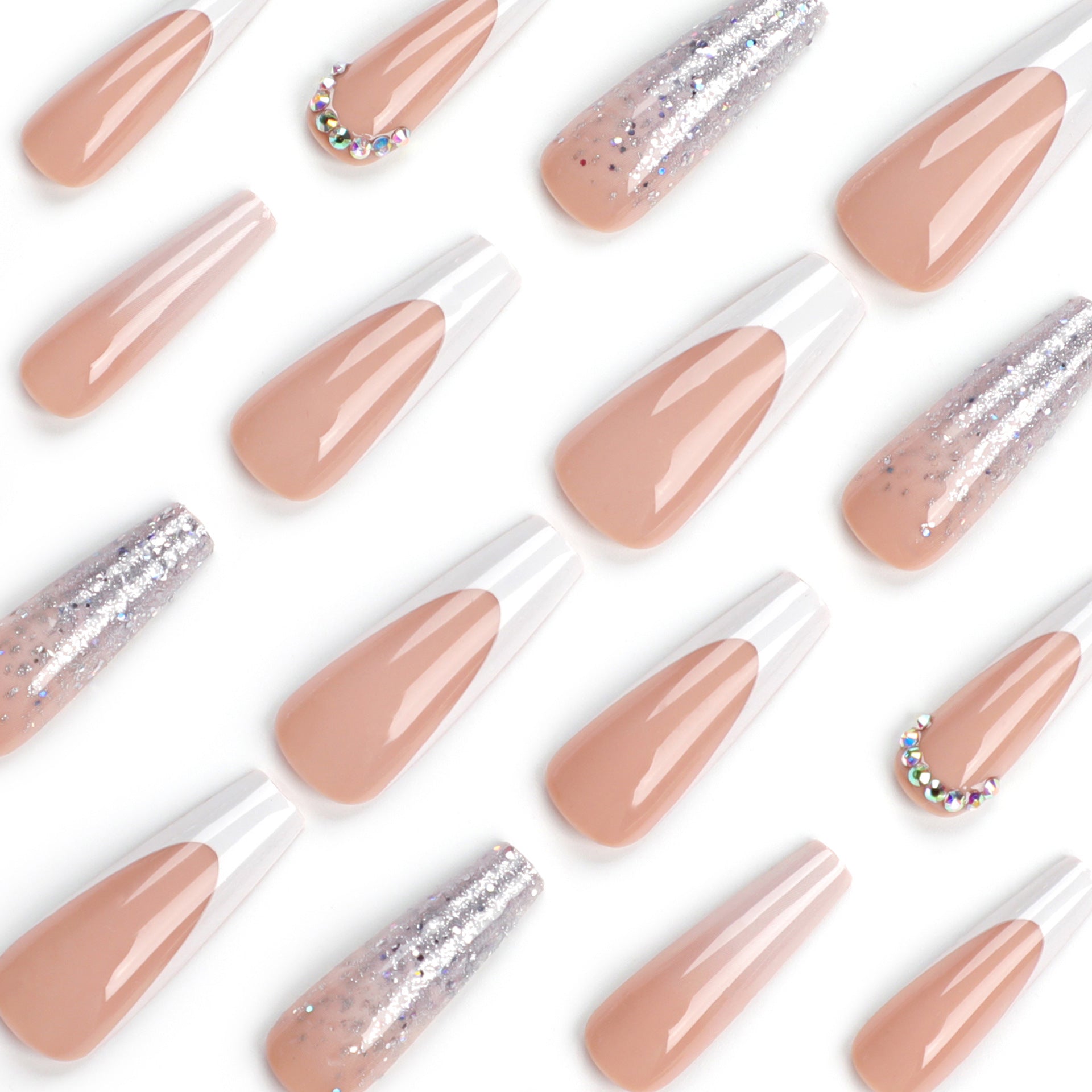 Uñas postizas francesas clásicas con purpurina, cambio gradual de color, punta de diamante, removible, producto terminado | 365nails