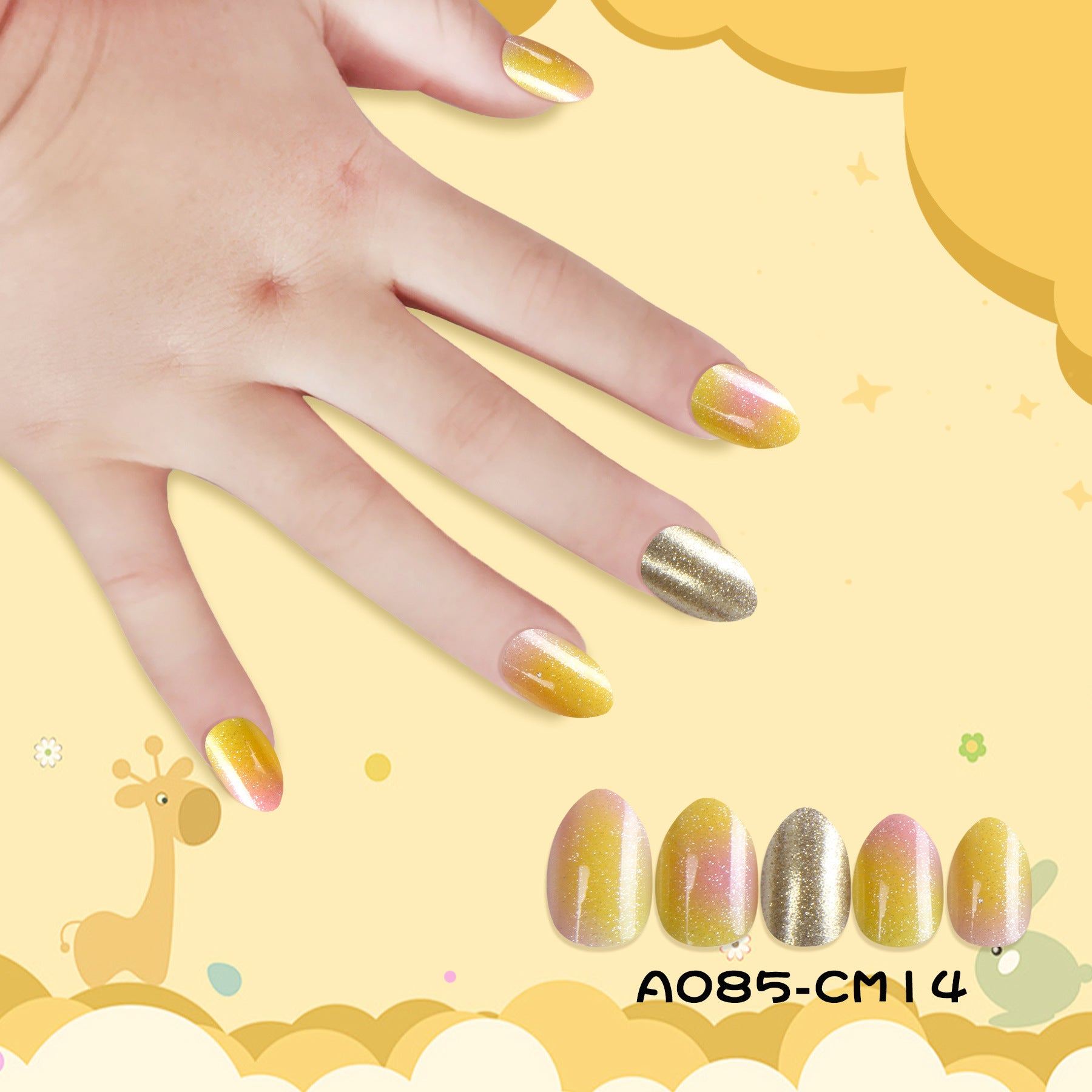 Kids press-on nails 24 pieces of smudged yellow glitter sparkles