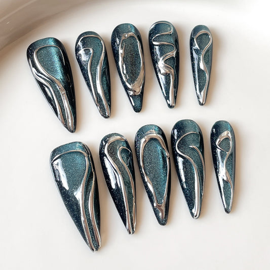 Blue star attractive force creative hand-painted pure Handmade press on nails cat eye irregular metal wind manicure｜365nails
