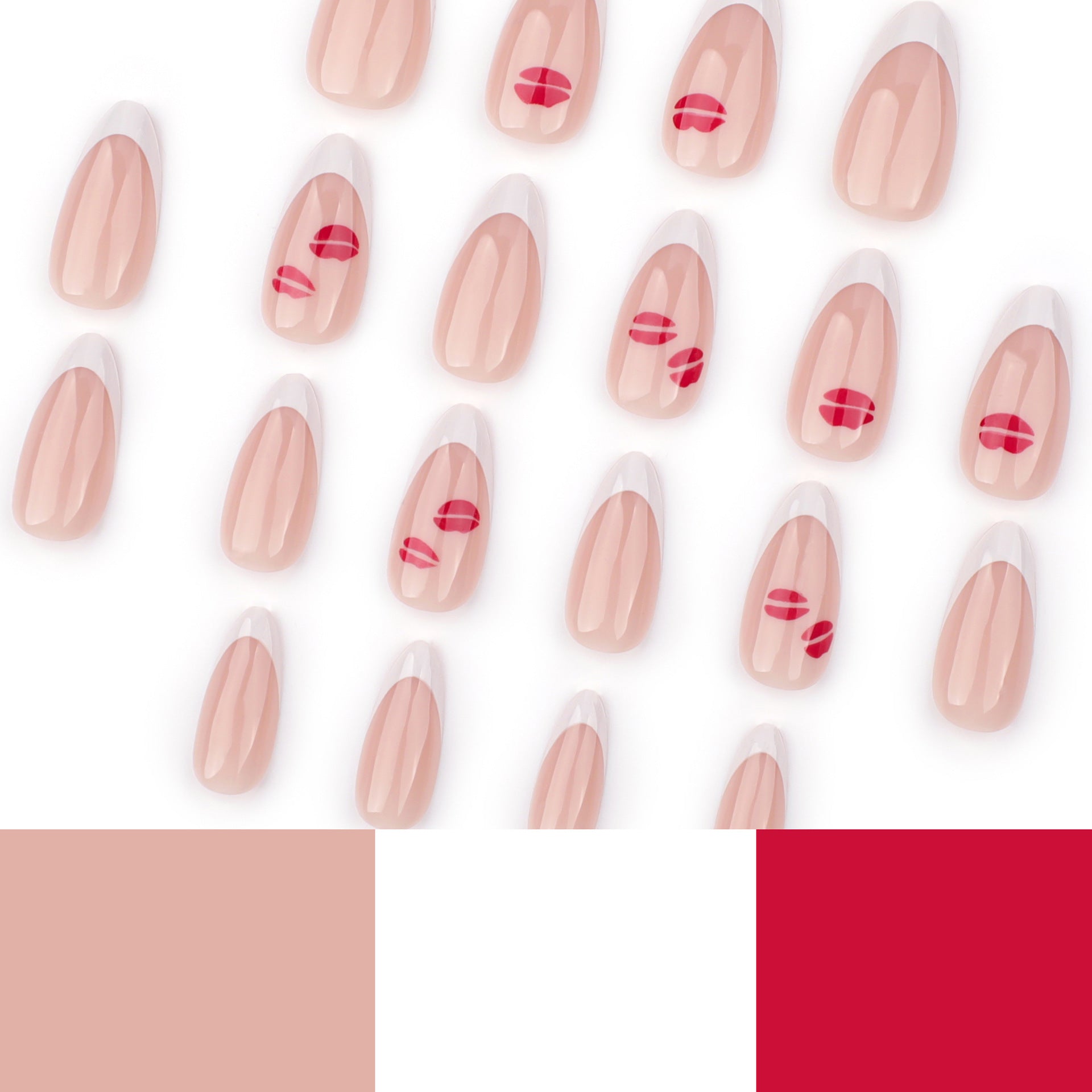 經典法式白短款杏仁形穿戴甲 浪漫紅唇印花與純色甲片｜365nails