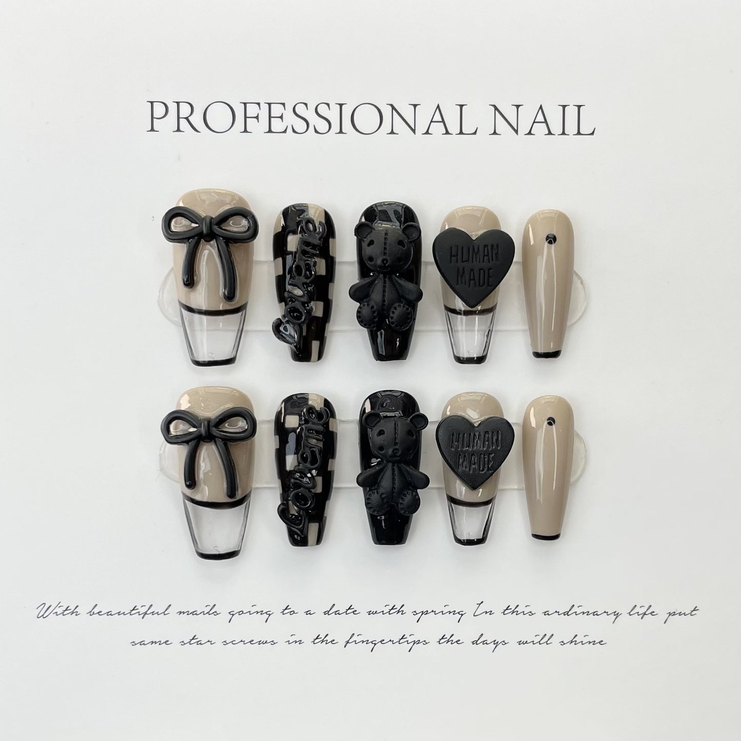 Handmade Wear Nail Black Checkerboard Bear Love Versatile Wear Nail Nail Art Removable | 365nails