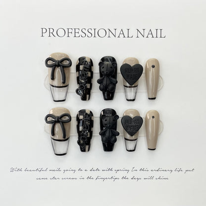 Handmade Wear Nail Black Checkerboard Bear Love Versatile Wear Nail Nail Art Removable | 365nails