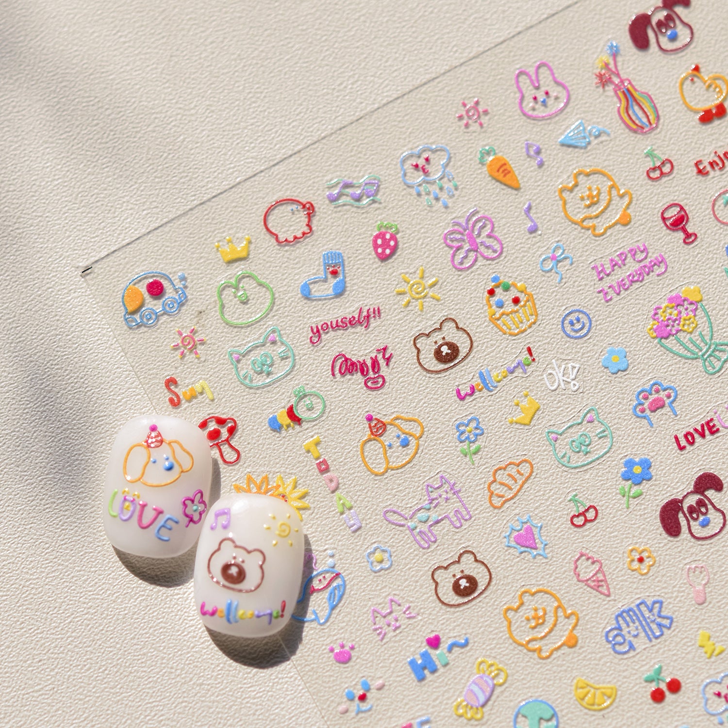 Cute Retro Bunny & Bear: "Vintage Toy Box" – 5D Embossed Nail Sticker