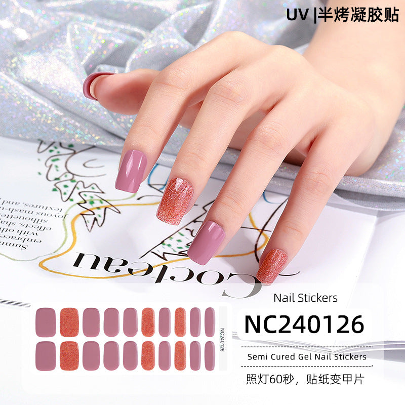 Semi-Cured Gel Nail Strips French Glitter Pink Sparkle Glossy Set (MOQ=3)