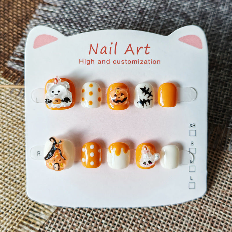 365nails-Halloween Pumpkin Kids Series: "Pumpkin Ghost Festival" – Short Square Kids Nail Art