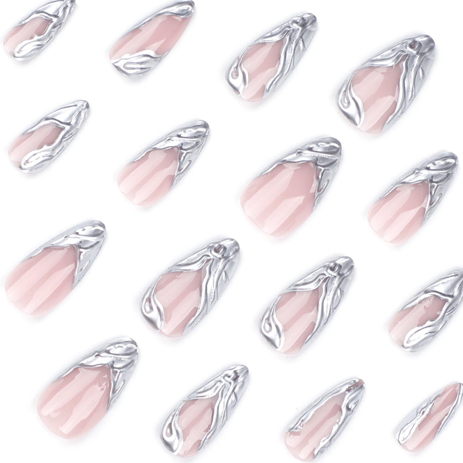 Simple French 3D argent press on nails court ongle en amande art des ongles faux ongle pièce amovible produit fini en gros｜365nails