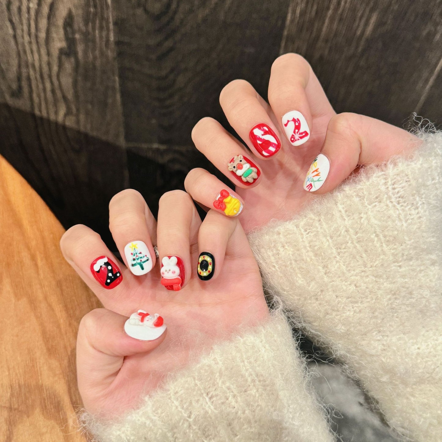 Colorful Christmas Press‑On Nails – Santa, Reindeer & Number Design