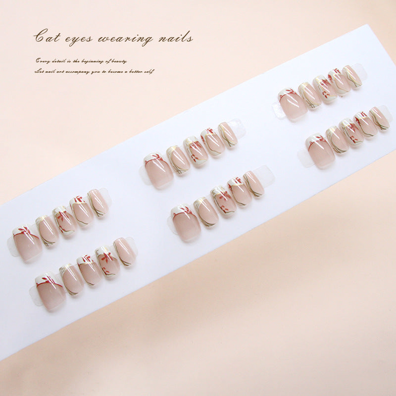 Nail Tips  Prefabricated Nail Cream Yellow French Phnom Penh Flowers Gentle Temperament Girls Fashion Versatile Detachable Wear Nail Points｜365nails