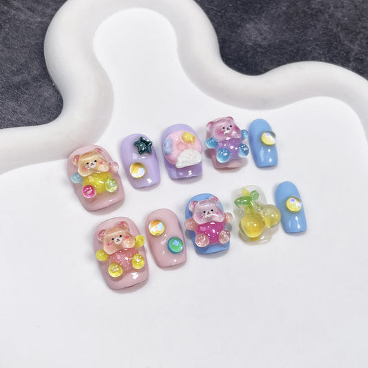Handmade press on nails cute hug bear milk whirring bear short nail art finished patch wearable nail sticker｜365nails
