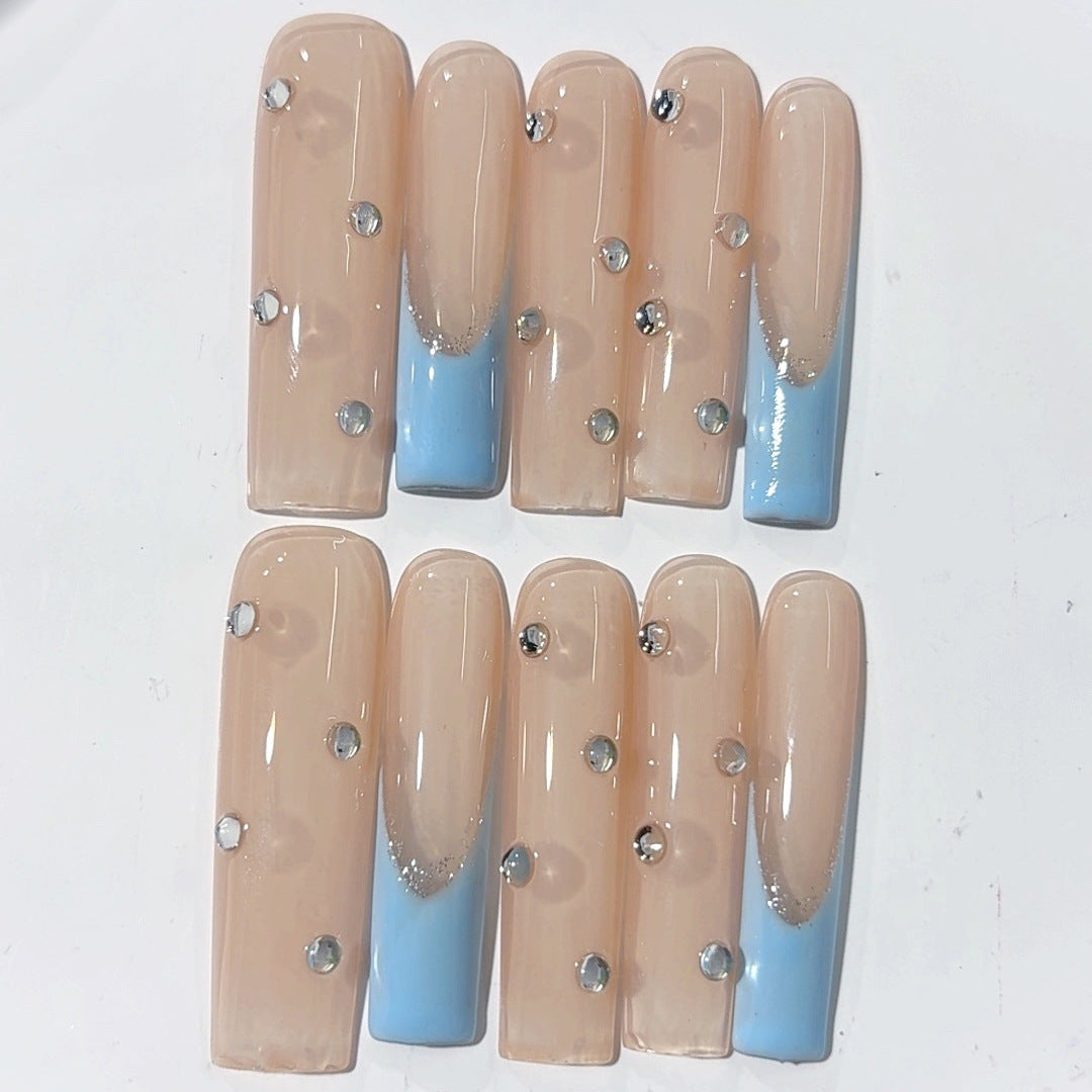 Nude Blue Minimal Crystal Accent Press On Nails