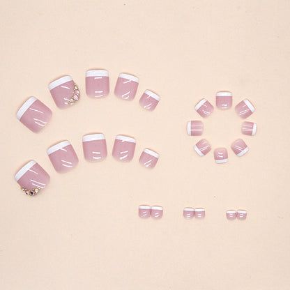 Unhas postiças francesas simples e puras com diamante rosa, modelo de unhas postiças estilo armadura, estilo doce para meninas, peça de unha postiça ｜365nails