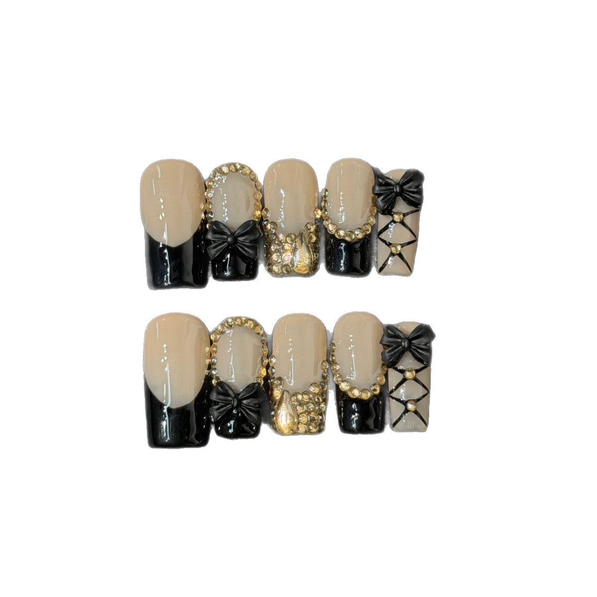 365nails: "Midnight Bow" – 3D Bowknot & Gold Foil Handmade Short Square Nails