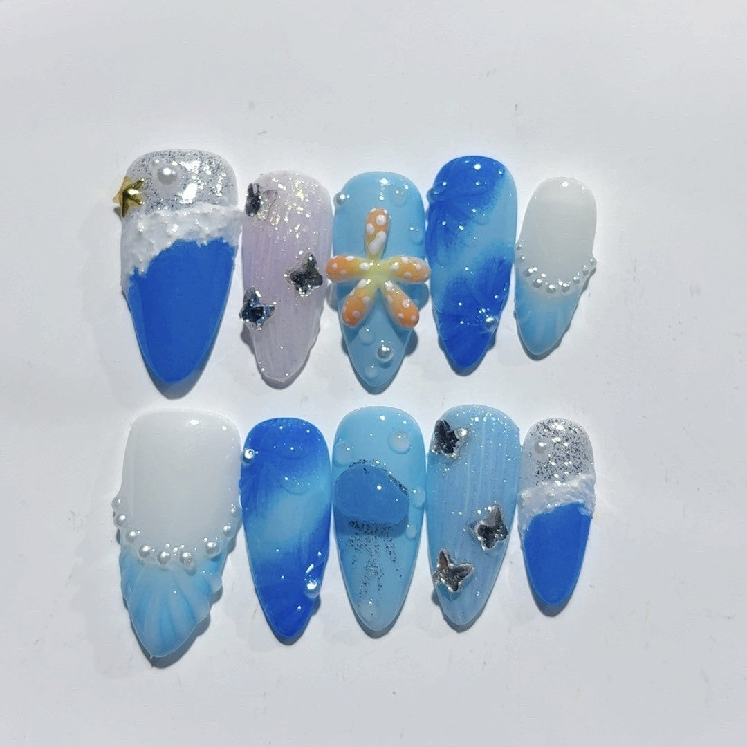 365nails-Ocean Whisper: "Seashell Starfish" – Almond Shape Handmade 3D Carved Press-On Nails