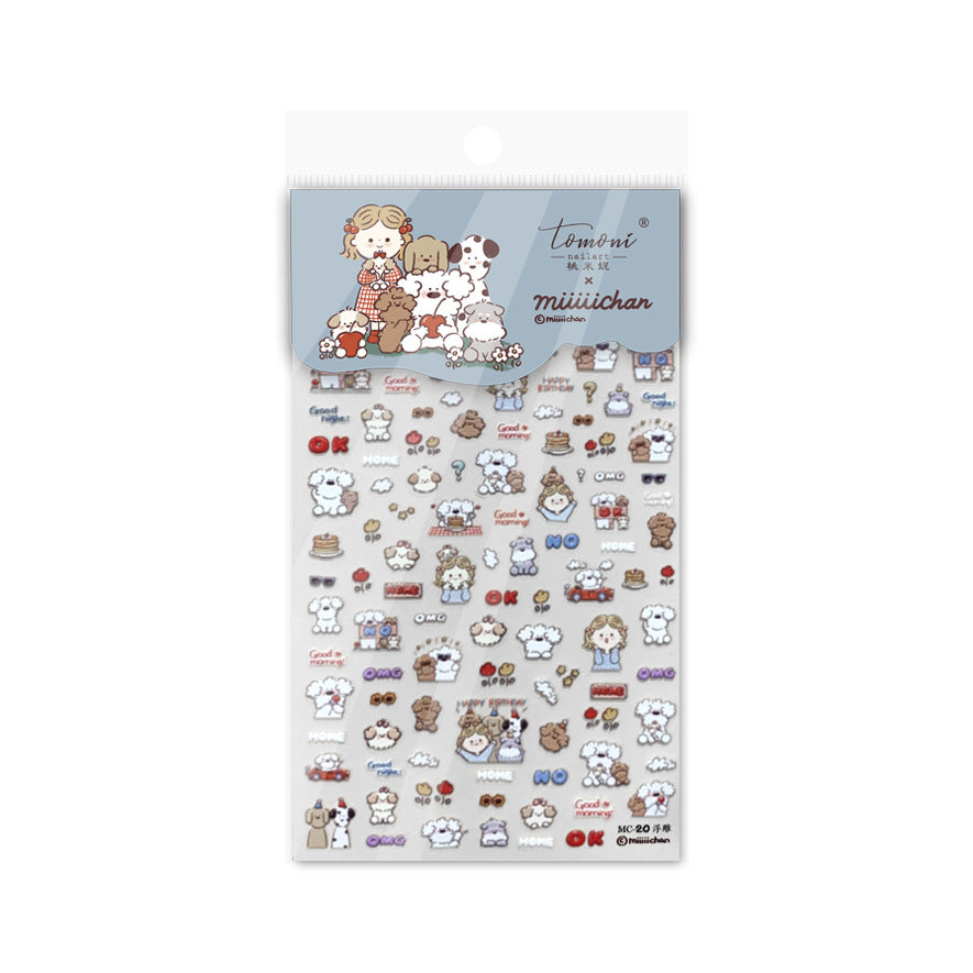 Miiichan Cartoon Girl & Puppy: "Cozy Puppy Playdate" – 5D Embossed Nail Sticker