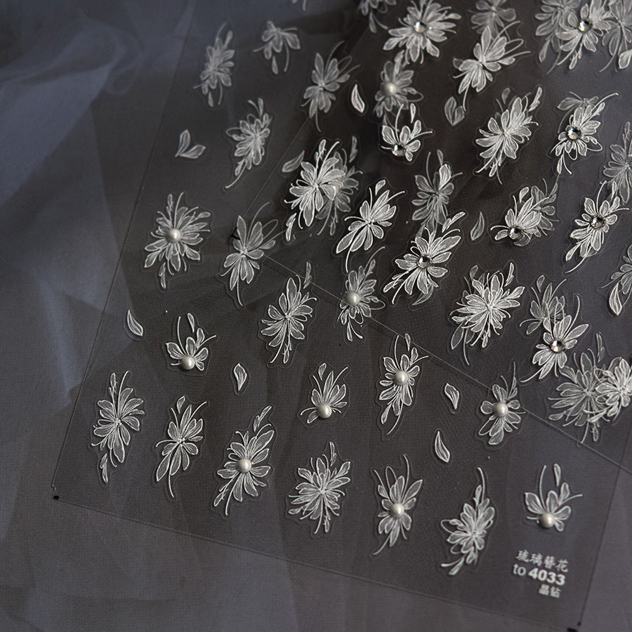 White Floral Crystal Nail Stickers – 5D Embossed Bridal Elegance Set
